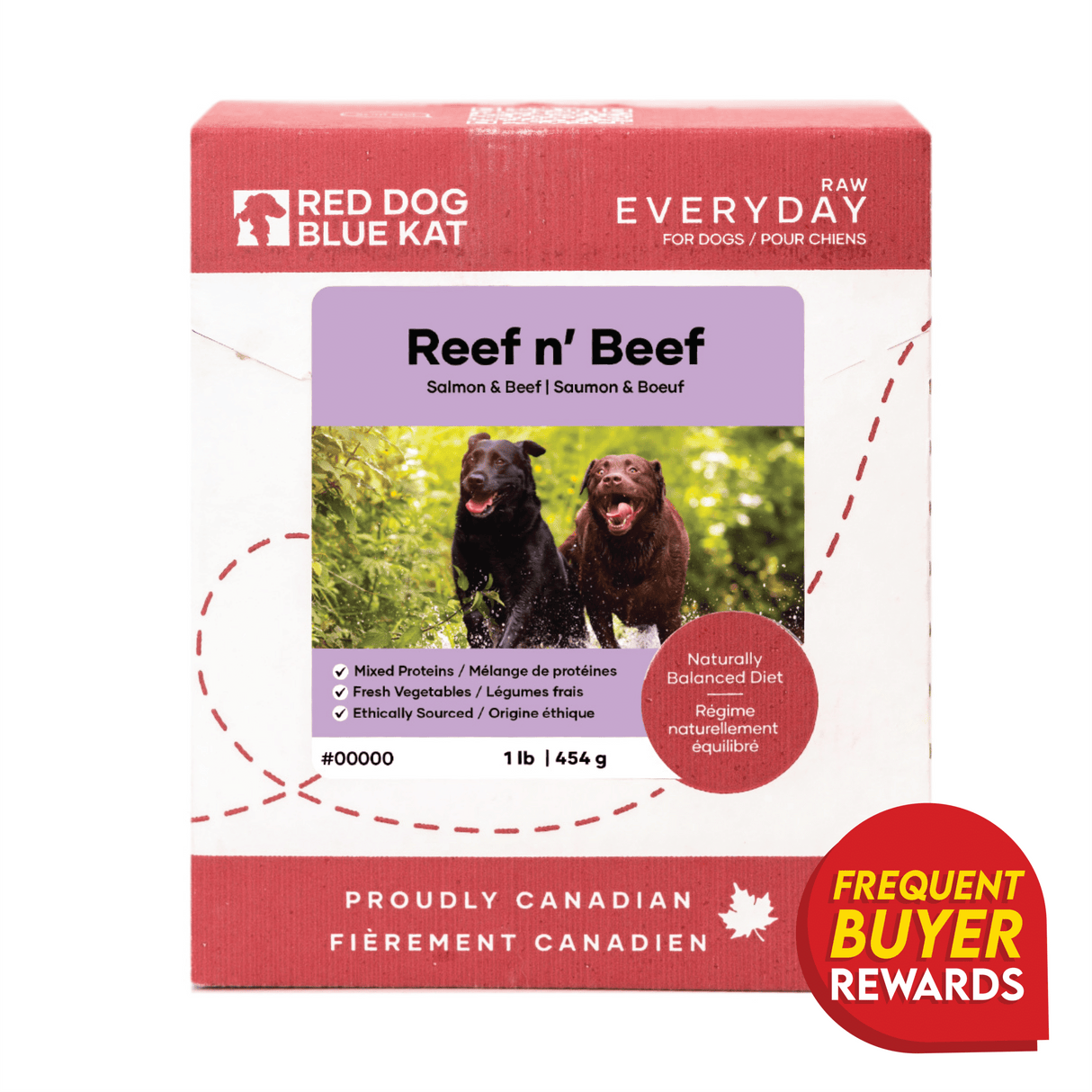 Red Dog Blue Kat 1 lb box of RDBK Everyday Raw Reef N' Beef dog food, highlighting raw mixed proteins, fresh veggies, and a Canadian-sourced, balanced diet.