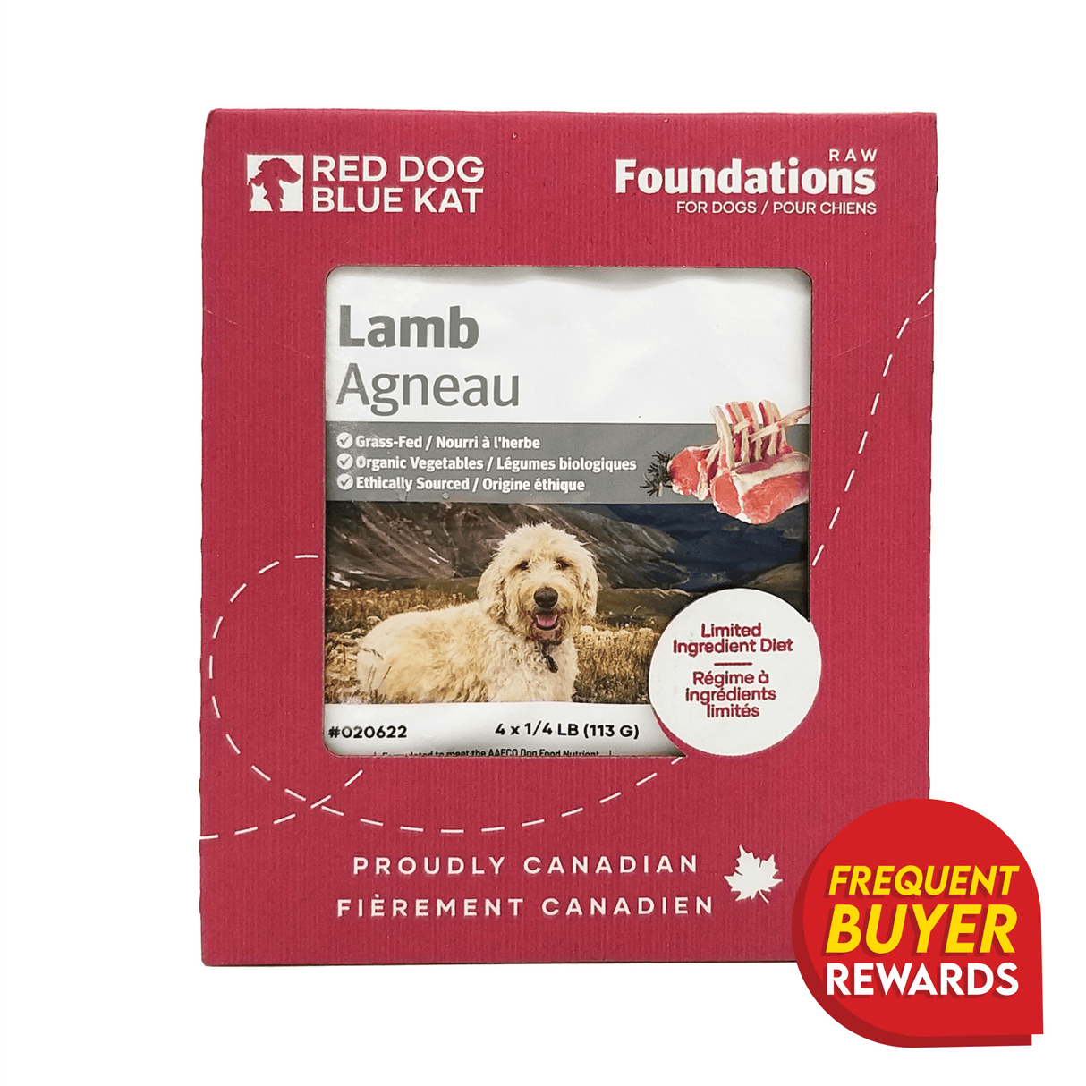 Front of Red Dog Blue Kat Lamb for Dogs box, highlighting raw, grass-fed lamb patties with organic veggies, single-protein formula, and freezer-friendly convenience. Proudly Canadian.