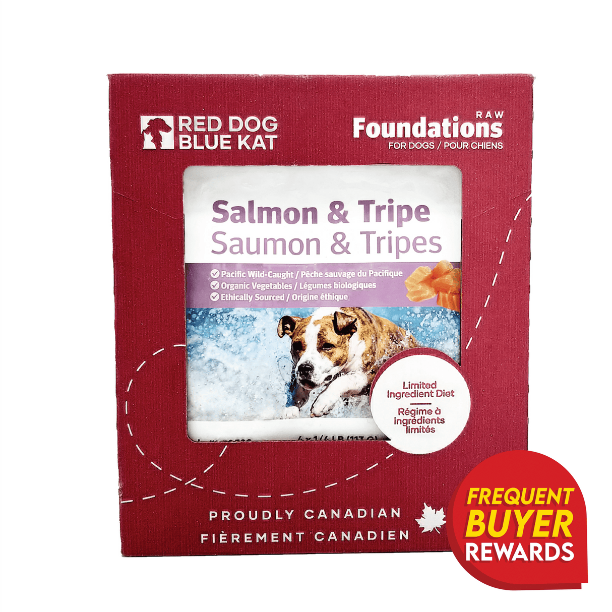 Red Dog Blue Kat Salmon and Tripe for Dogs box, showing a dog in water, emphasizing raw, limited-ingredient diet with salmon and green tripe for gut health.
