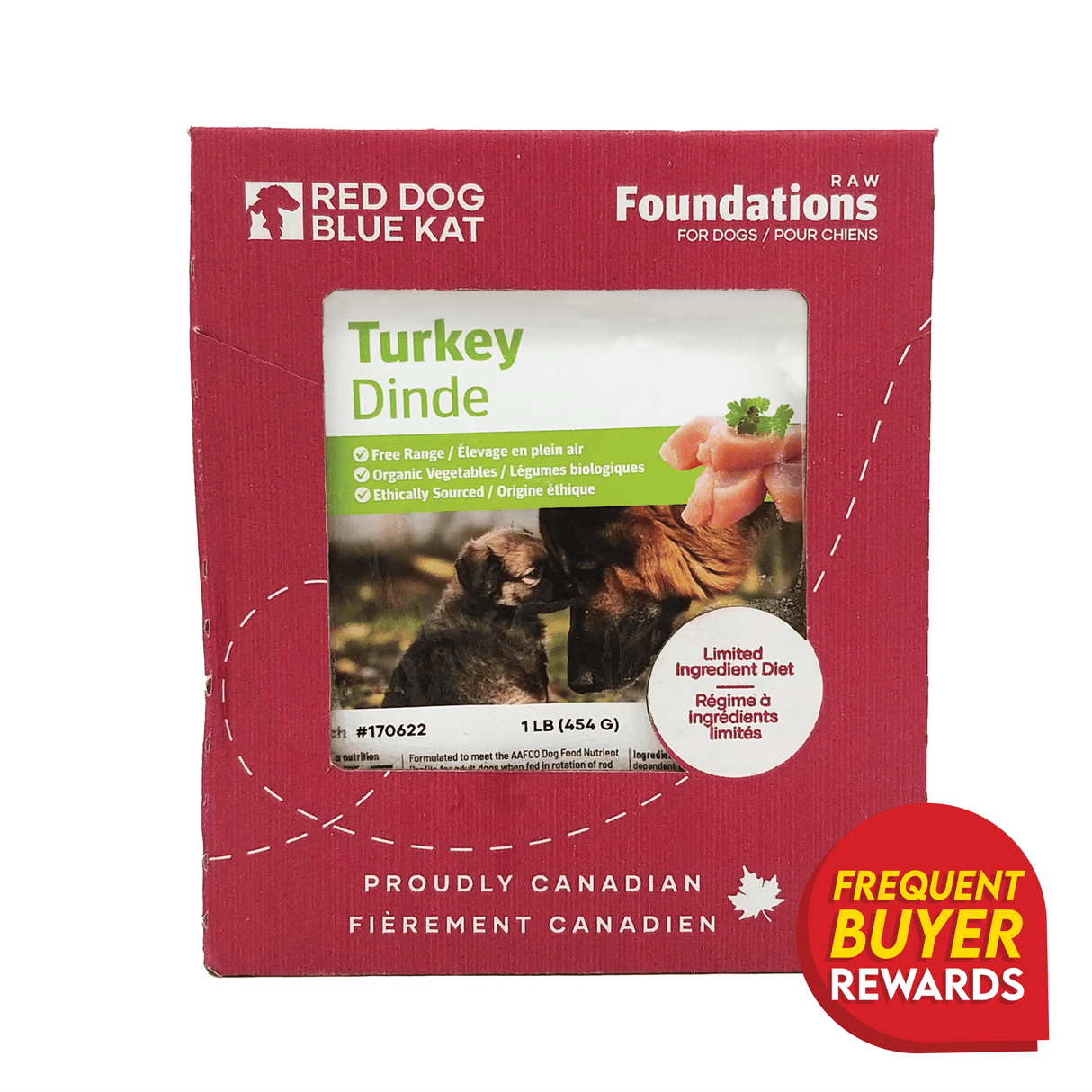 Red Dog Blue Kat Turkey for Dogs: 1 lb pack of raw food with free-range turkey, organic veggies, Proudly Canadian label, dog image, and rewards badge.
