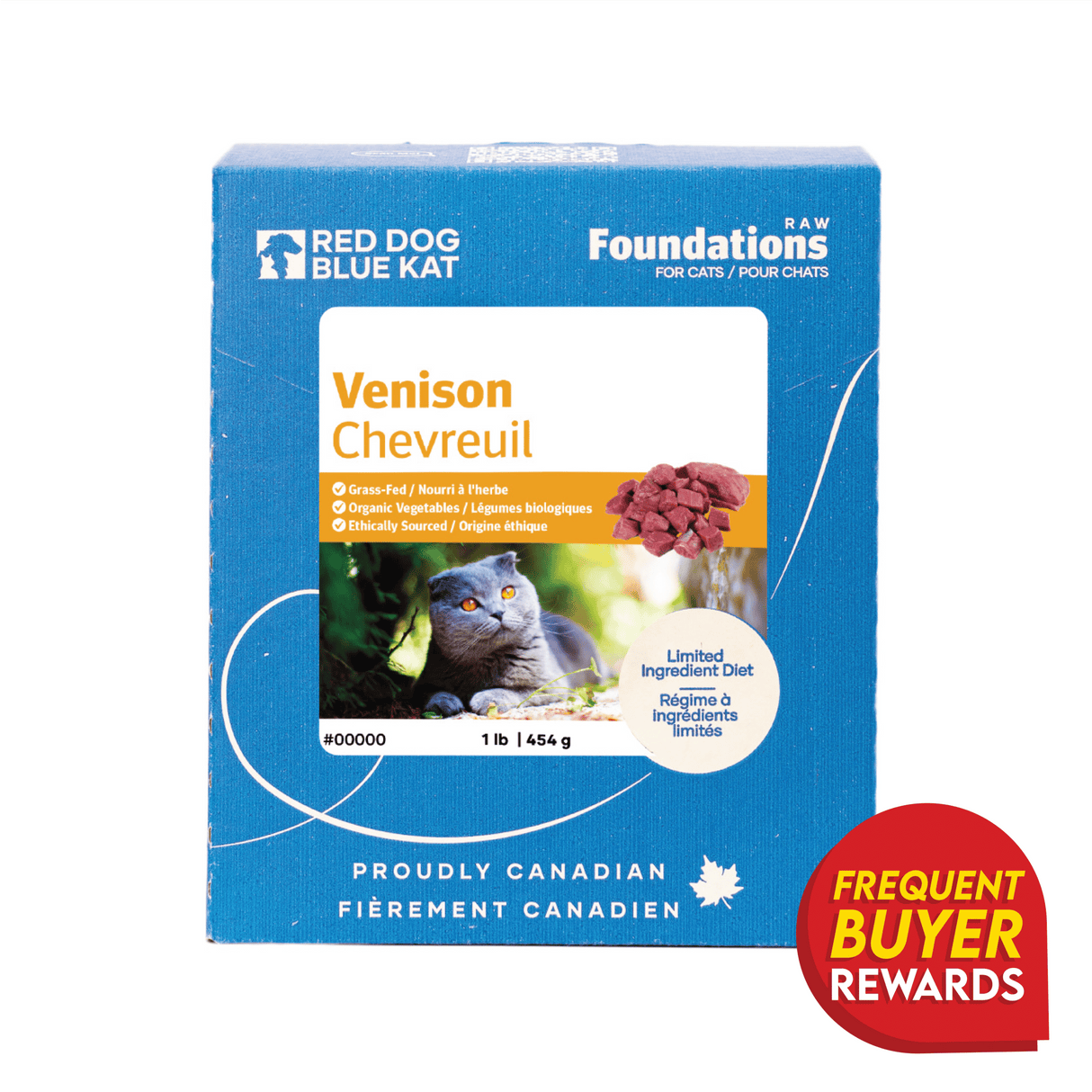 Red Dog Blue Kat Venison for Cats in 1 lb box, featuring grass-fed, ethically sourced ingredients, limited-ingredient diet, and Canadian maple-leaf icon with frequent buyer rewards badge.