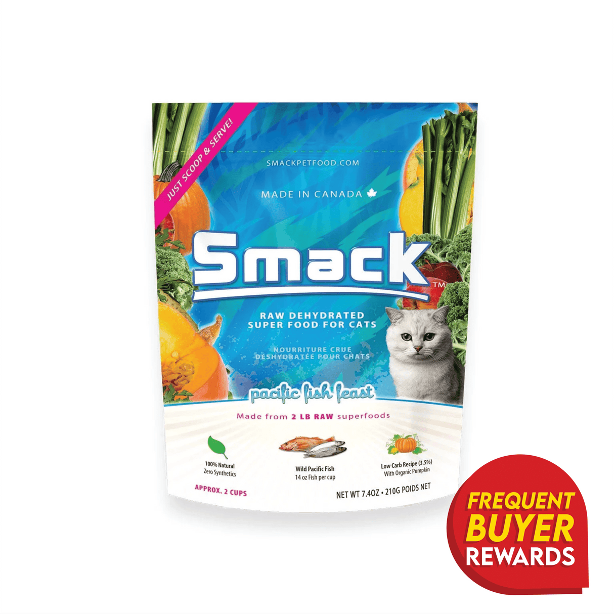 Smack Pacific Fish Feast for Cats: Raw dehydrated super-food with wild Pacific fish, organic pumpkin, and green vegetables. 100% natural, low-carb, made in Canada.