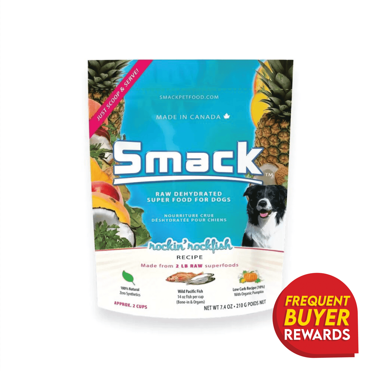 Smack Rockinā Rockfish for Dogs: Dehydrated raw superfood featuring fish, organic pumpkin, and fresh produce. Notable for its natural ingredients and versatility.