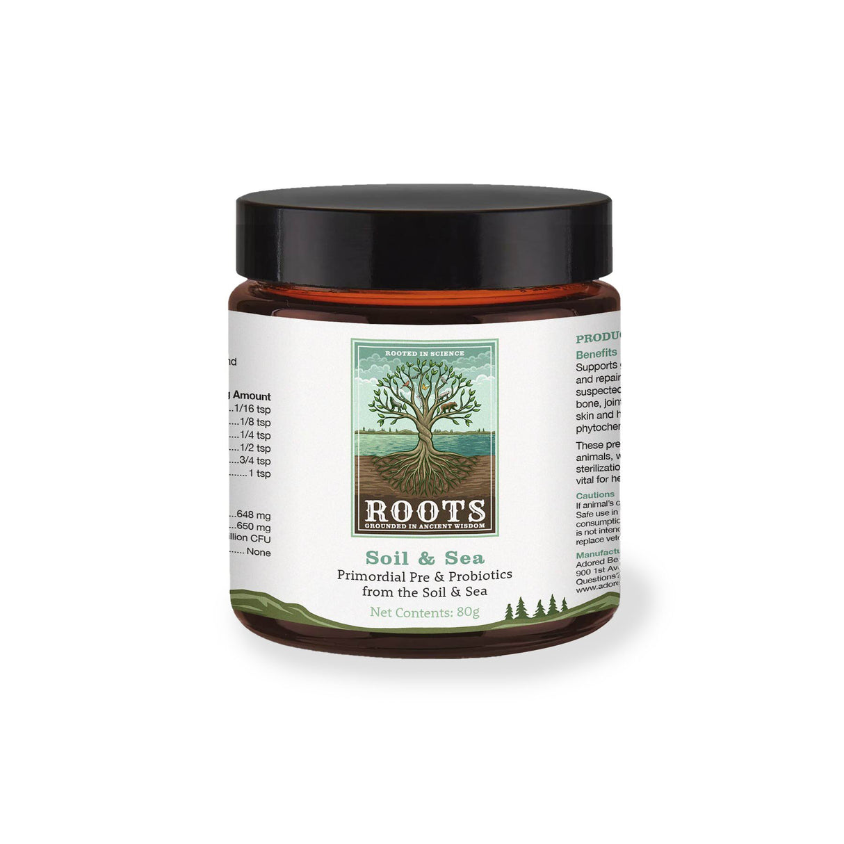 Small amber glass jar with black lid, labeled Soil & Sea Primordial Pre & Probiotics - Roots by Adored Beast, featuring a stylized tree design.