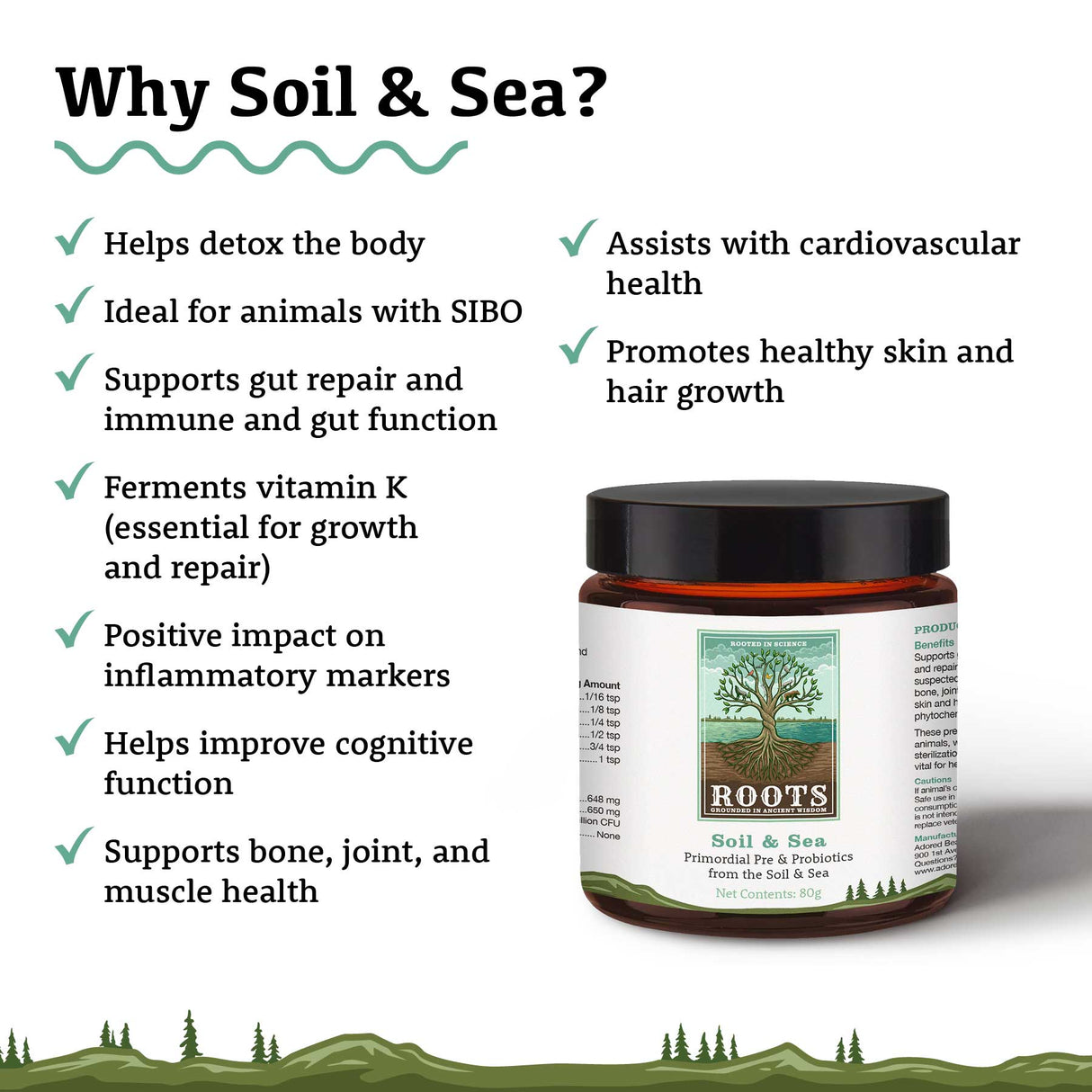 Soil & Sea Primordial Pre & Probiotics - Roots by Adored Beast in an amber glass jar with a tree label, detailing benefits like gut health and detox support.