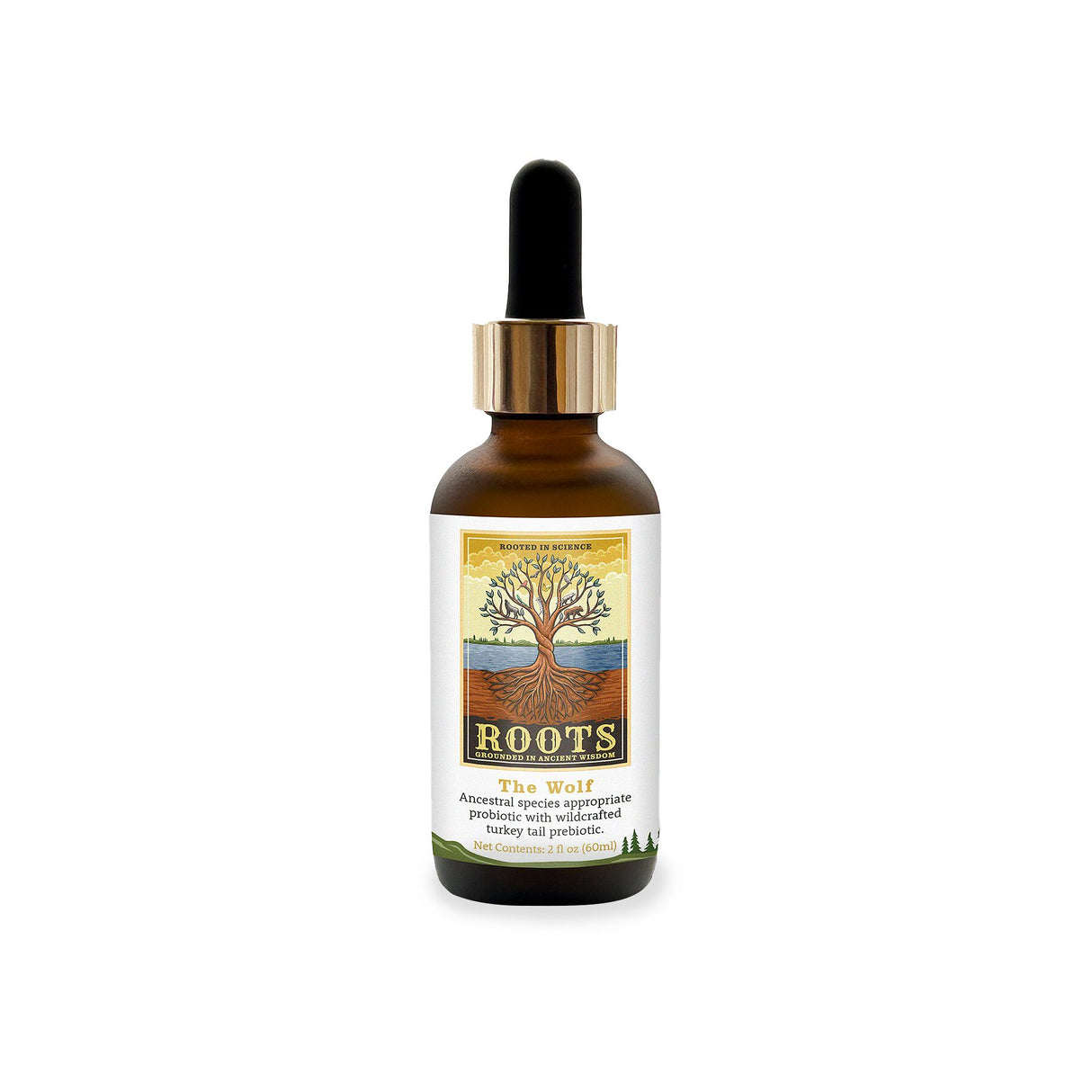 The Wolf Species Appropriate Liquid Probiotic by Adored Beast in a 60ml amber dropper bottle with tree-design label, featuring lupine probiotics and turkey-tail mushroom prebiotic.