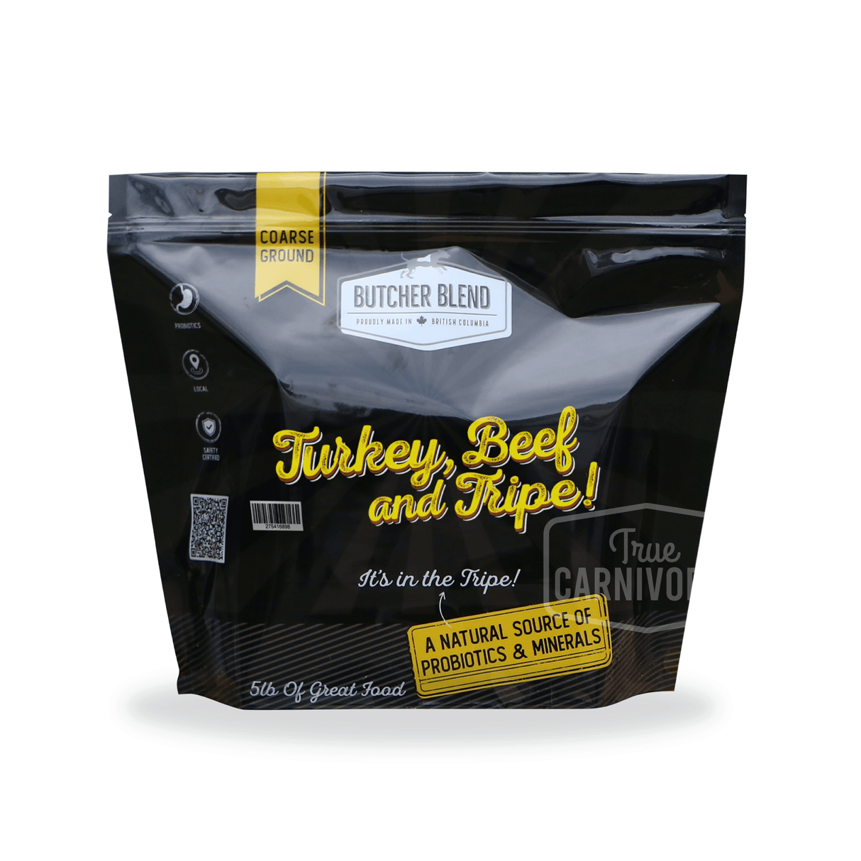 Butcher Blend Turkey, Beef with Tripe for Dogs in a 5 lb black and yellow pouch, highlighting probiotics, minerals, and coarse-ground texture for hearty meals.