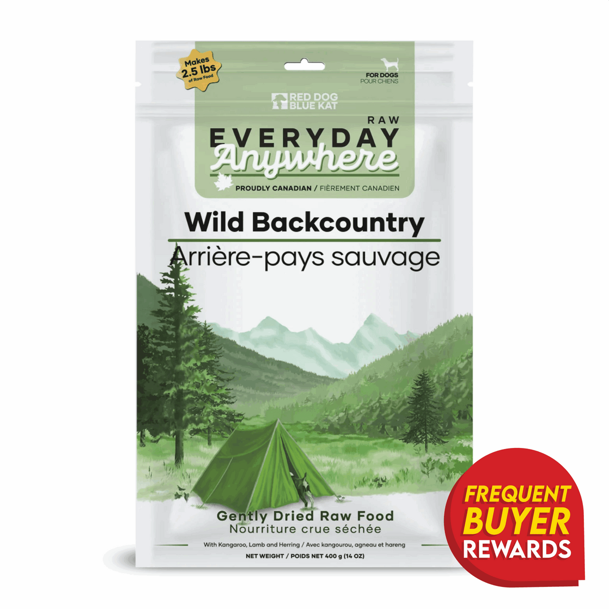 Stand-up pouch of RDBK Everyday Raw Anywhere Wild Backcountry for Dogs, featuring kangaroo, lamb, and herring, with a Frequent Buyer Rewards badge.