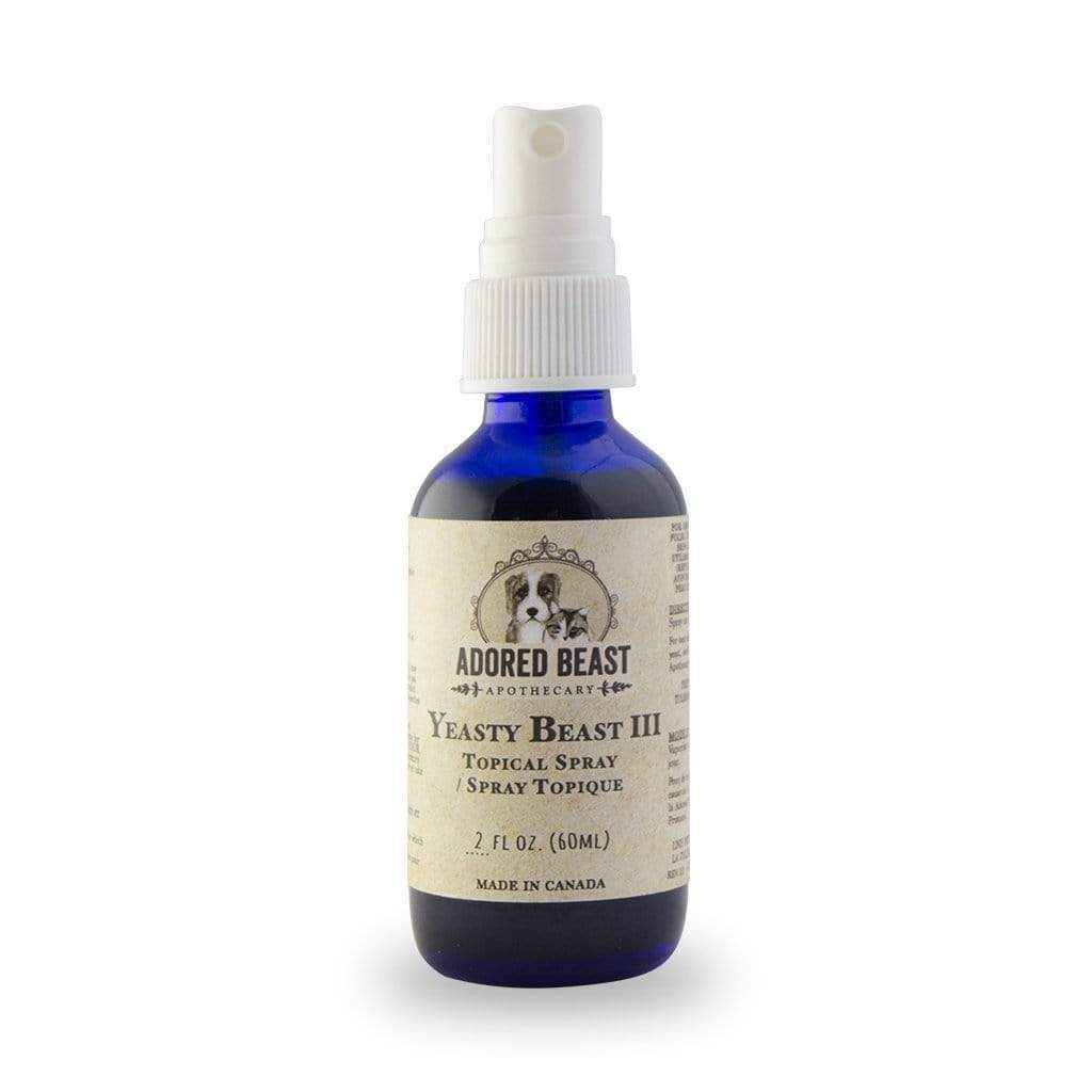 Adored Beast Yeasty Beast 3 Topical Spray, 60ml cobalt-blue bottle with white spray top, labeled for pet-safe yeast control with soothing herbal ingredients.