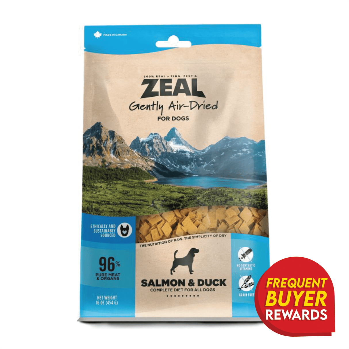 Zeal Air-Dried Salmon & Duck for Dogs, 16 oz bag, featuring 96% salmon and duck, grain-free, with a Frequent Buyer Rewards badge.