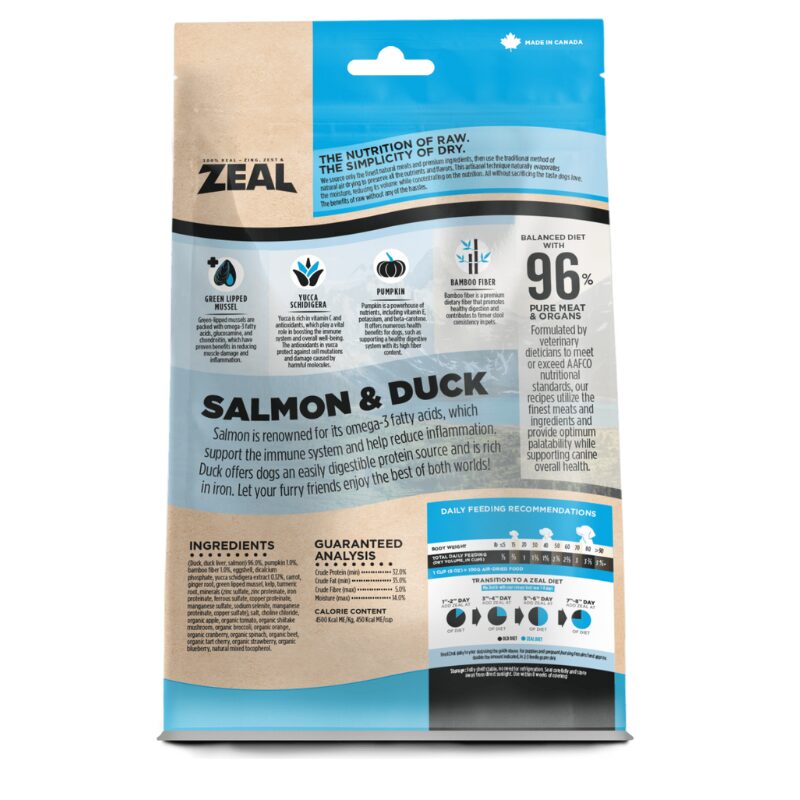 Zeal Air-Dried Salmon & Duck for Dogs in a stand-up pouch, highlighting freeze-dried raw nutrition, high protein content, and added beneficial ingredients.