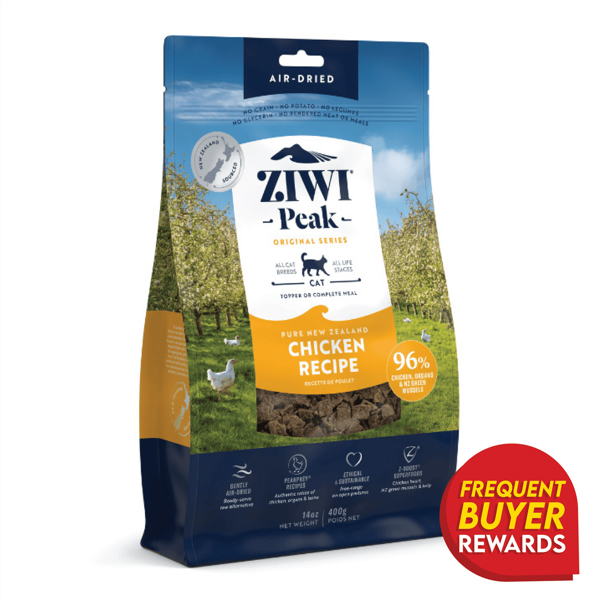 Ziwi Peak Chicken for Cats, air-dried cat food pouch, features 96% chicken and mussels, highlighting a “Pure New Zealand Chicken Recipe” and “Frequent Buyer Rewards” badge.