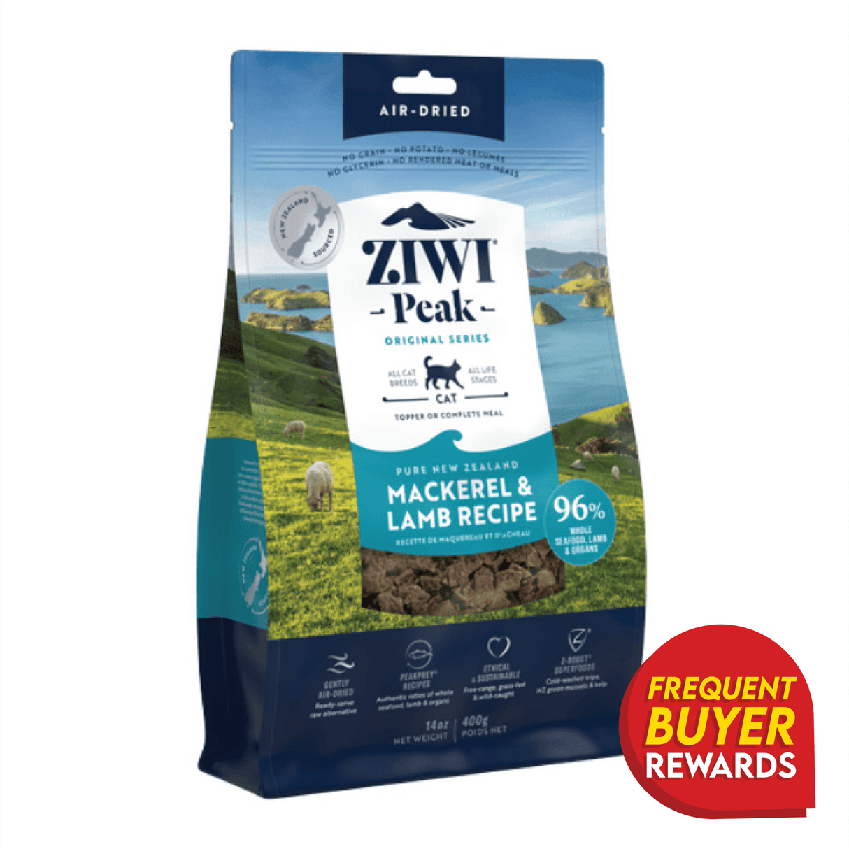 ZIWI Peak Mackerel & Lamb for Cats, 400g bag, features the Pure New Zealand air-dried recipe with a “Frequent Buyer Rewards” badge on the lower right.