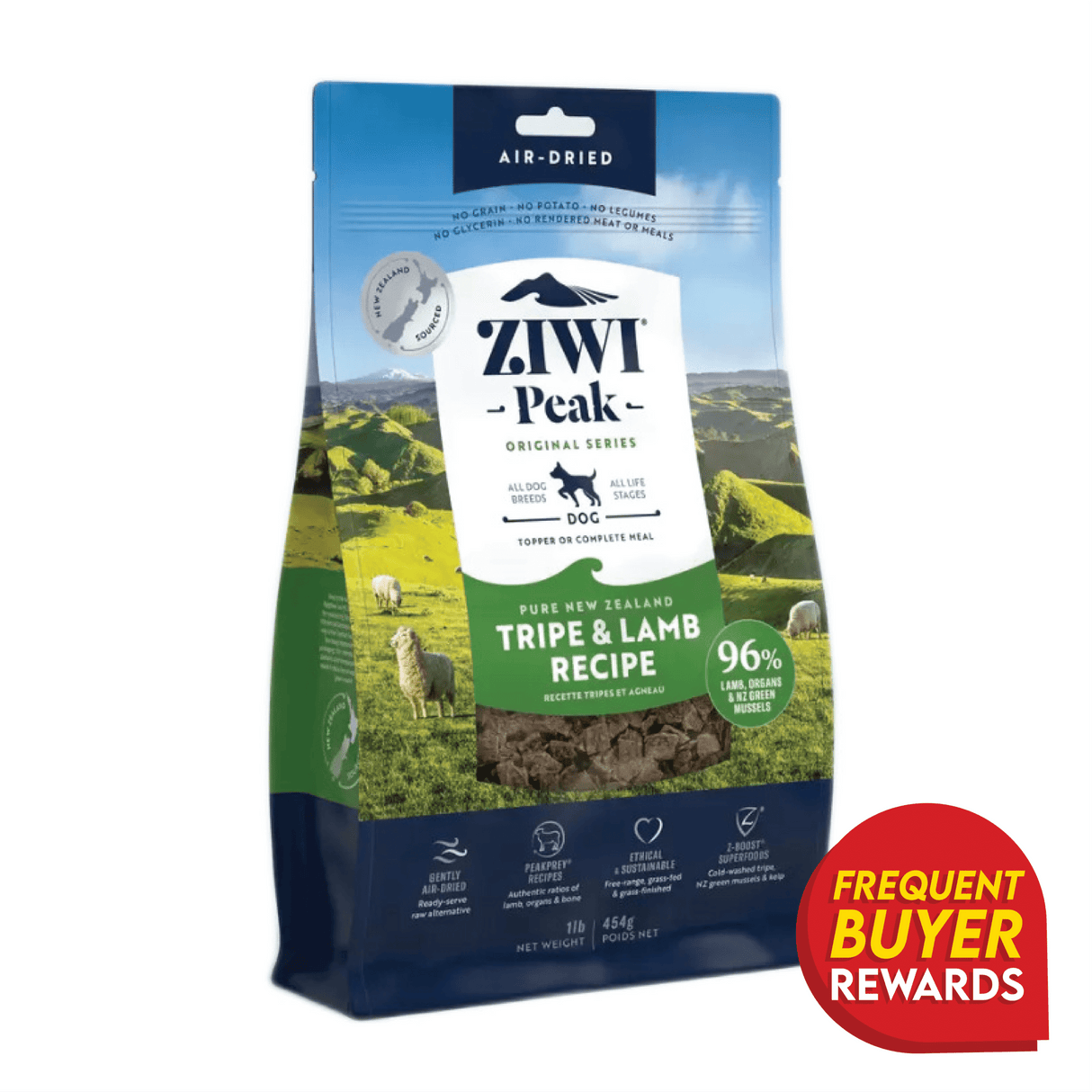 Ziwi Peak Tripe & Lamb for Dogs, featuring air-dried, jerky-like pieces of lamb and tripe, packaged for convenient, scoop-and-serve use as a meal or topper.
