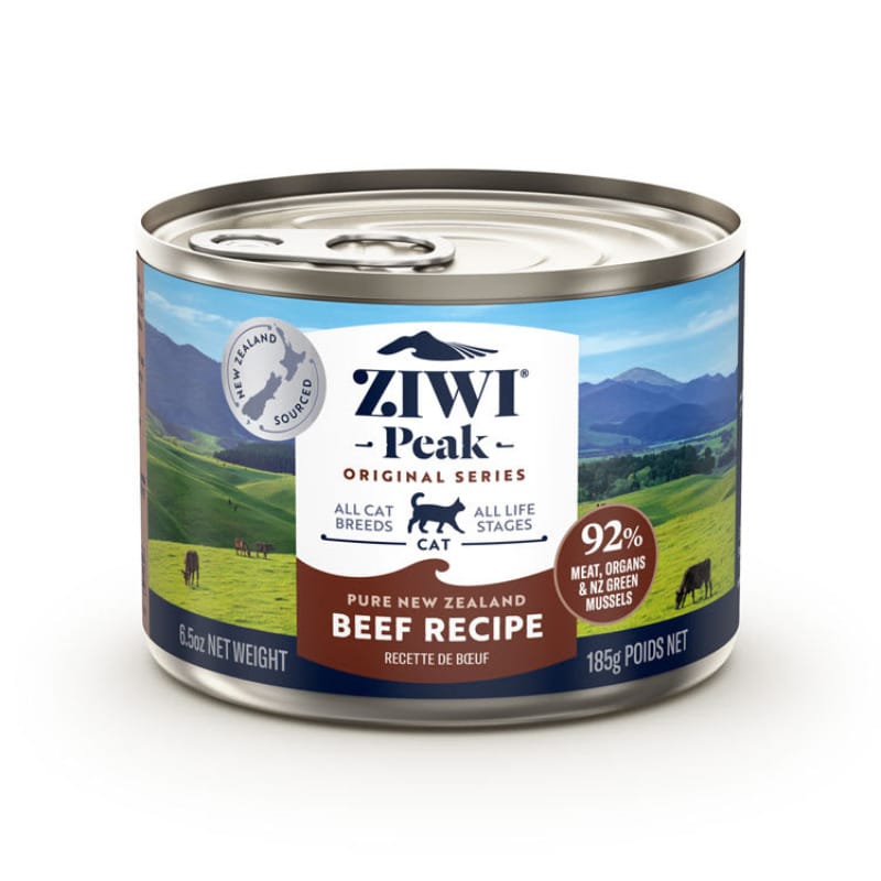 Ziwi Peak Canned Cat Recipes can with Pure New Zealand Beef Recipe label, highlighting 92% meat content. Suitable for all cat breeds and life stages.