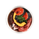 100 Mile Raw Salmon Dinner: A stainless-steel bowl with salmon steaks, beef, liver, squash, blueberries, and kale, ideal for a canine raw feeding diet.