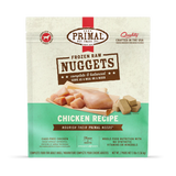 Primal Frozen Chicken for Dogs package showing resealable bag of raw chicken nuggets, highlighting cage-free, antibiotic-free chicken, whole-food nutrition, and easy thaw-and-serve convenience for balanced canine meals.