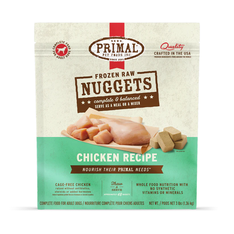 Primal Frozen Chicken for Dogs package showing resealable bag of raw chicken nuggets, highlighting cage-free, antibiotic-free chicken, whole-food nutrition, and easy thaw-and-serve convenience for balanced canine meals.