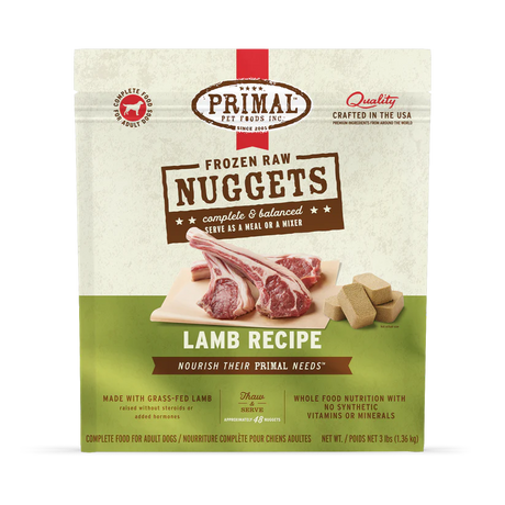 Primal Frozen Lamb for Dogs: Complete raw nutrition in 3 lb pack, featuring 48 thaw-and-serve nuggets of grass-fed lamb, no added hormones, crafted in the USA.