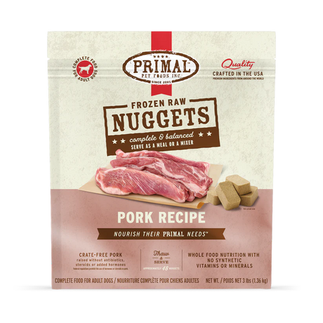 Primal Frozen Pork for Dogs: Front label of a 3 lb bag of raw, crate-free pork nuggets for dogs, highlighting its complete, balanced nutrition and easy-to-portion format.