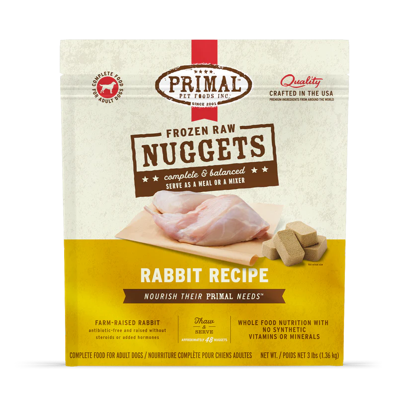 Primal Frozen Rabbit for Dogs package, featuring farm-raised, antibiotic-free rabbit nuggets, complete & balanced nutrition for adult dogs, approximately 48 nuggets per 3 lb bag.