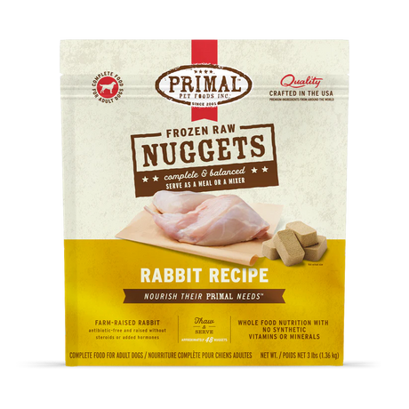 Primal Frozen Rabbit for Dogs package, featuring farm-raised, antibiotic-free rabbit nuggets, complete & balanced nutrition for adult dogs, approximately 48 nuggets per 3 lb bag.