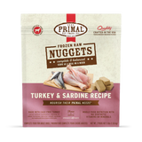 Primal Frozen Turkey & Sardine for Dogs: Retail bag showing nuggets, turkey, and sardines images, highlighting USA-made, cage-free, wild-caught ingredients; balanced raw diet for adult dogs.