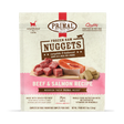Primal Frozen Beef & Salmon Formula for Cats: Bag of frozen nuggets offering complete, balanced raw nutrition with grass-fed beef and wild-caught salmon, crafted in the USA.