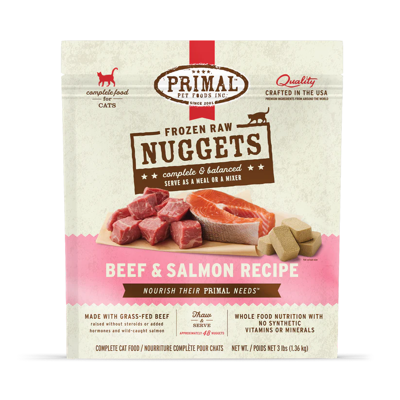 Primal Frozen Beef & Salmon Formula for Cats: Bag of frozen nuggets offering complete, balanced raw nutrition with grass-fed beef and wild-caught salmon, crafted in the USA.