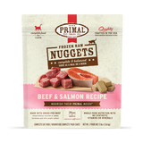 Primal Frozen Beef & Salmon Formula for Cats: Bag of frozen nuggets offering complete, balanced raw nutrition with grass-fed beef and wild-caught salmon, crafted in the USA.