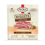 Primal Frozen Pork for Cats package showing crate-free, antibiotic-free pork nuggets, offering balanced raw nutrition in portion-easy nuggets for adult cats.