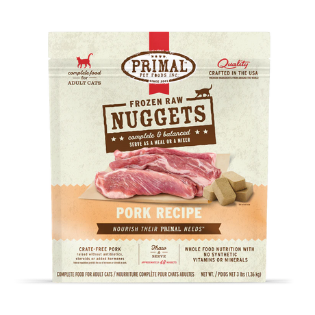 Primal Frozen Pork for Cats package showing crate-free, antibiotic-free pork nuggets, offering balanced raw nutrition in portion-easy nuggets for adult cats.