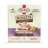 Primal Frozen Turkey Formula for Cats retail box with turkey drumsticks image, labeled Frozen Raw Nuggets, Turkey Recipe, promoting cage-free turkey, no synthetic additives, and portion-easy nuggets.
