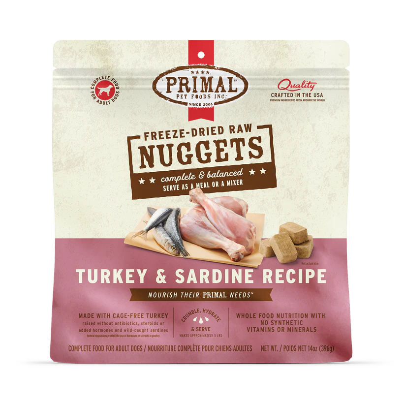 Primal Freeze Dried Turkey & Sardine for Dogs 14 oz pouch, featuring cage-free turkey and wild-caught sardines, emphasizing complete, balanced raw nutrition and convenient freeze-dried nuggets.