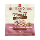 Primal Freeze Dried Turkey & Sardine for Dogs 14 oz pouch, featuring cage-free turkey and wild-caught sardines, emphasizing complete, balanced raw nutrition and convenient freeze-dried nuggets.