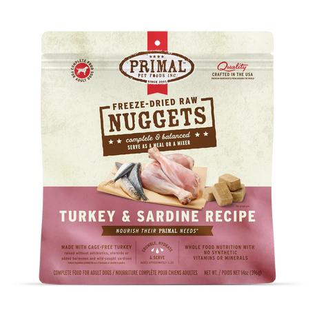 Primal Freeze Dried Turkey & Sardine for Dogs 14 oz pouch, featuring cage-free turkey and wild-caught sardines, emphasizing complete, balanced raw nutrition and convenient freeze-dried nuggets.