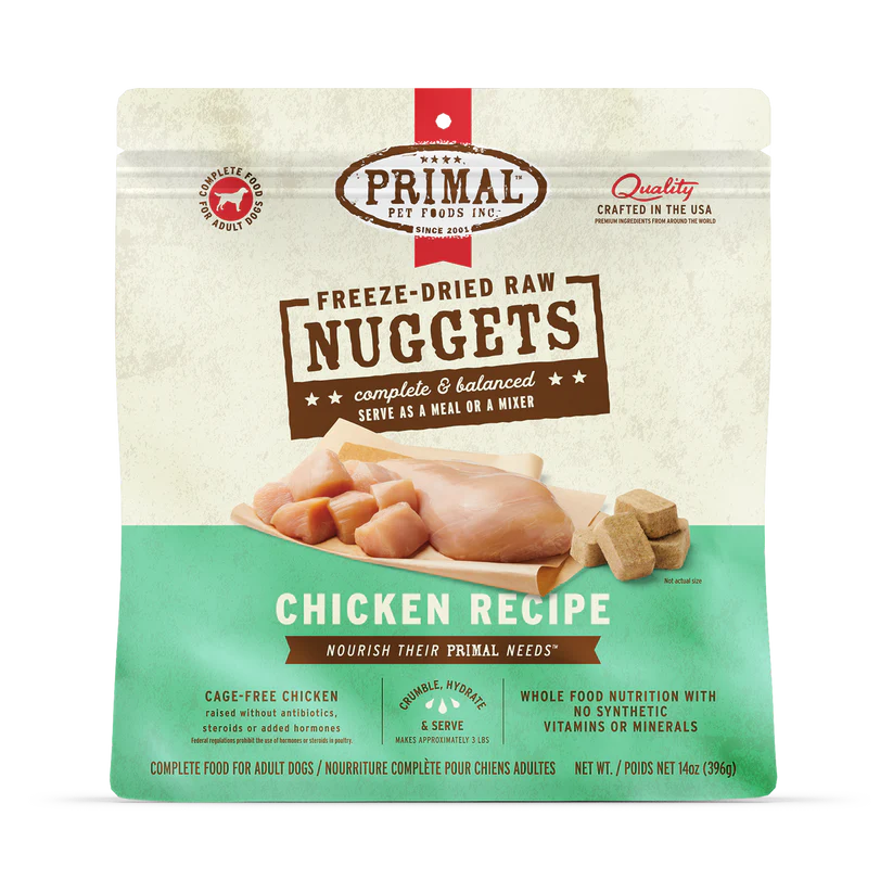 Primal Freeze Dried Chicken for Dogs package showing freeze-dried nuggets and raw chicken, highlighting cage-free, human-grade ingredients, complete balanced diet, and rehydration details.