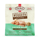 Primal Freeze Dried Chicken for Dogs package showing freeze-dried nuggets and raw chicken, highlighting cage-free, human-grade ingredients, complete balanced diet, and rehydration details.