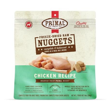 Primal Freeze Dried Chicken for Dogs package showing freeze-dried nuggets and raw chicken, highlighting cage-free, human-grade ingredients, complete balanced diet, and rehydration details.