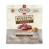 Primal Freeze Dried Venison for Dogs: 14 oz bag of freeze-dried raw nuggets, featuring grass-fed venison, rehydrates to 3 lbs, complete and balanced nutrition.