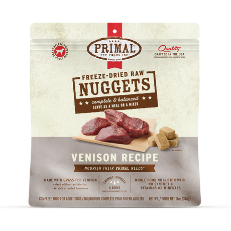 Primal Freeze Dried Venison for Dogs: 14 oz bag of freeze-dried raw nuggets, featuring grass-fed venison, rehydrates to 3 lbs, complete and balanced nutrition.