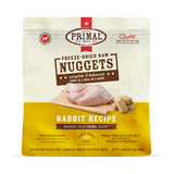 Primal Freeze Dried Rabbit For Dogs package featuring freeze-dried nuggets and raw rabbit pieces, highlighting a complete, balanced, single-protein diet for adult dogs.