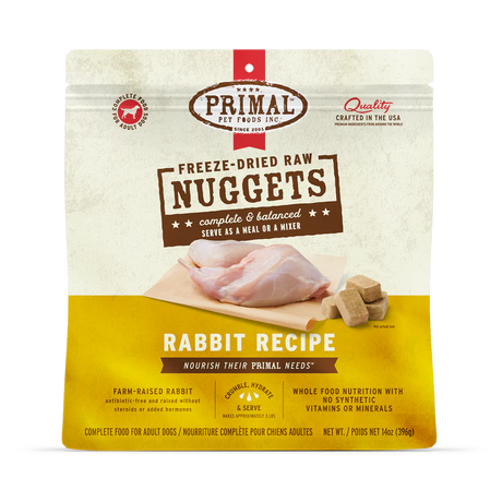Primal Freeze Dried Rabbit For Dogs package featuring freeze-dried nuggets and raw rabbit pieces, highlighting a complete, balanced, single-protein diet for adult dogs.