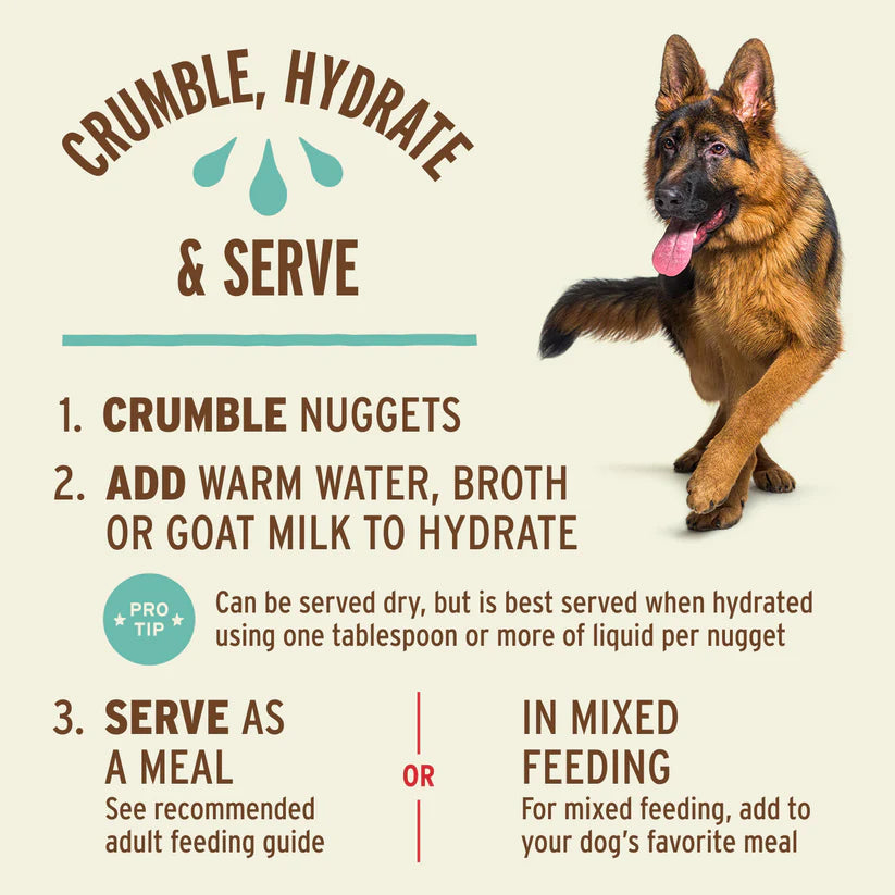 Primal Freeze Dried Beef for Dogs: How-to poster showing steps to prepare nuggets, alongside a German Shepherd, highlighting nutritious, convenient meal preparation.