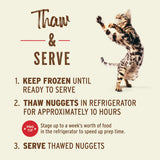 Primal Frozen Chicken & Salmon Formula for Cats: Feeding guide with a leaping Bengal cat illustration alongside thaw and serve instructions for omega-rich, portion-easy nuggets.