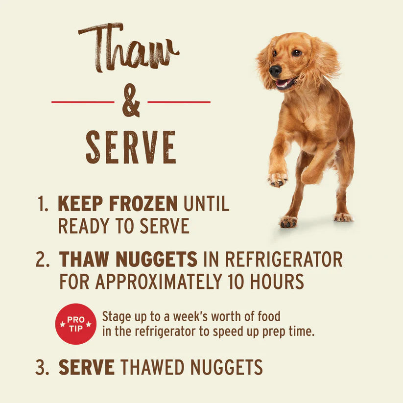Primal Frozen Chicken for Dogs thaw instructions with a happy dog; easy-to-serve, balanced raw nuggets from cage-free chicken, perfect for quick, nutritious meals.