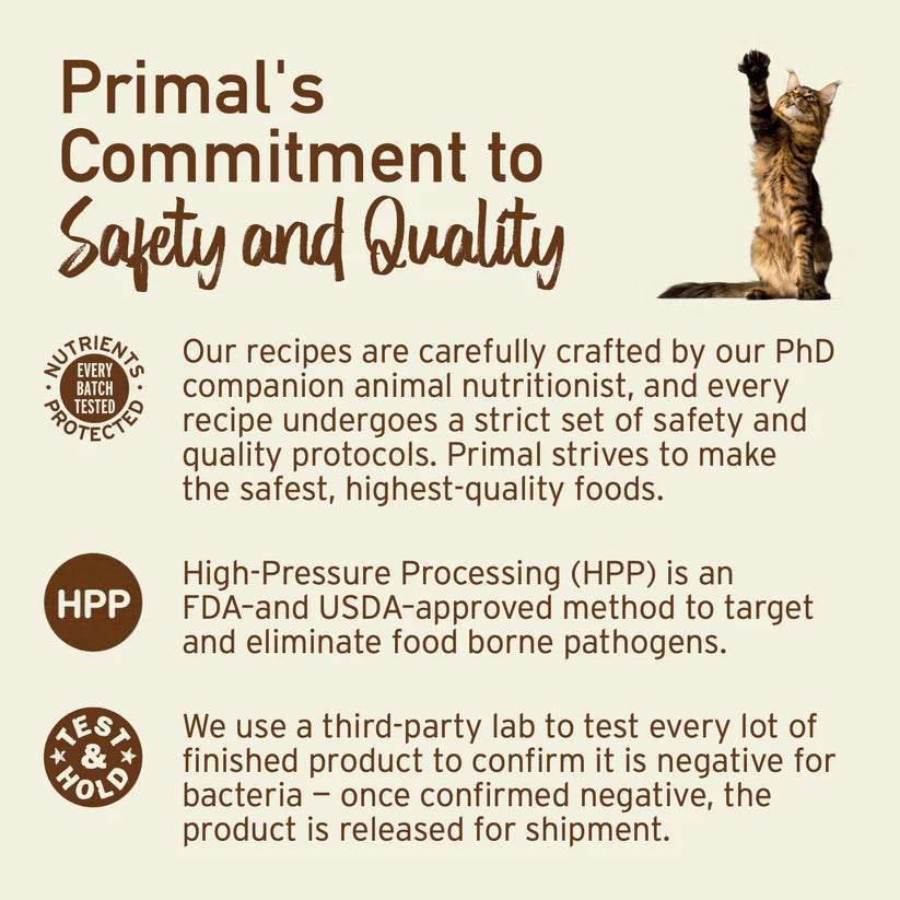 Primal infographic with a cat highlights commitment to pet-food safety, featuring their Frozen Chicken & Salmon Formula for Cats, emphasizing nutrients protection and quality testing.
