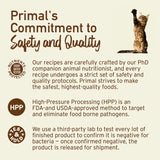 Primal infographic with a cat highlights commitment to pet-food safety, featuring their Frozen Chicken & Salmon Formula for Cats, emphasizing nutrients protection and quality testing.