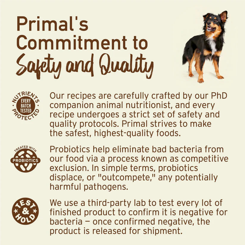 Primal Frozen Chicken for Dogs promotional image featuring a happy dog, highlighting key safety measures: nutrients protected, probiotics added, and test & hold process.