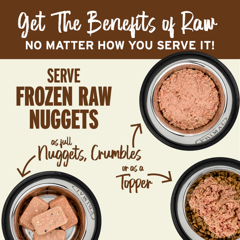Primal Frozen Chicken for Dogs marketing graphic showing serving options: frozen nuggets, crumbled raw, and topper over kibble, highlighting versatile, balanced raw nutrition.